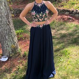 Navy Blue Floral Prom Dress